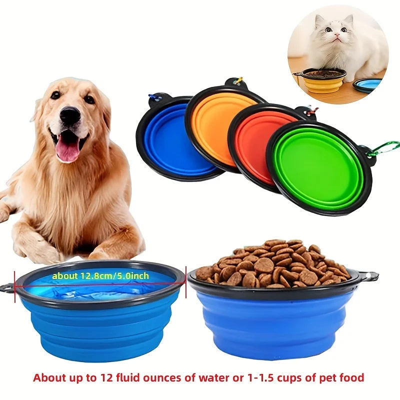 Portable collapsible pet food bowl set with dog, cat, and colorful silicone bowls ideal for travel and outdoor use.