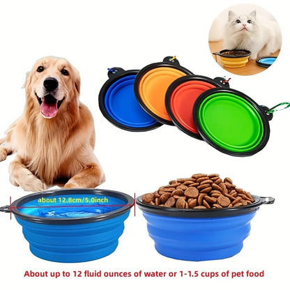 Portable collapsible pet food bowl set with dog, cat, and colorful silicone bowls ideal for travel and outdoor use.