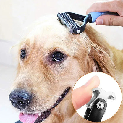 pet deshedding brush for dogs and cats, dual-sided fur knot cutter and hair remover comb for safe grooming