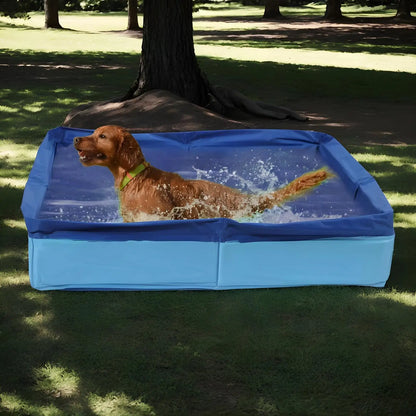 Golden retriever splashing in blue portable dog pool outdoors on grass
