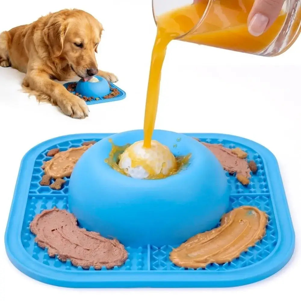 Blue slow feeder dog bowl with licking pad for dogs, filled with treats and liquid for interactive feeding