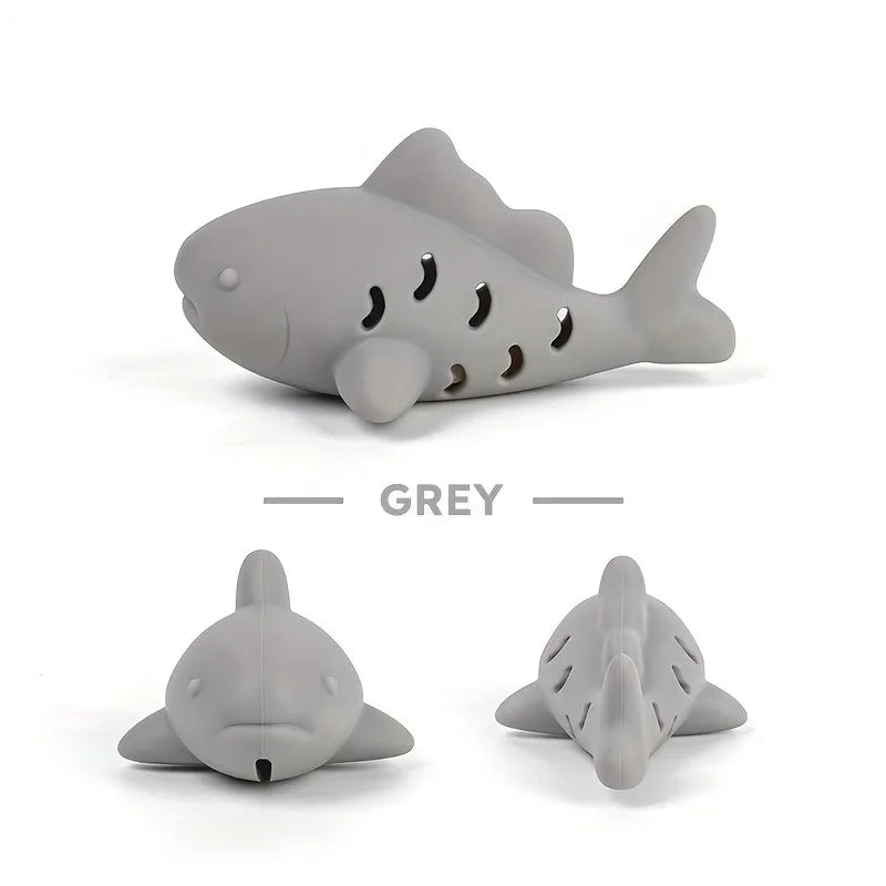 Grey interactive chew toy for small pets, durable bite-resistant silicone fish design for hiding food and grinding teeth