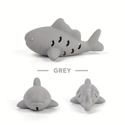 Grey interactive chew toy for small pets, durable bite-resistant silicone fish design for hiding food and grinding teeth