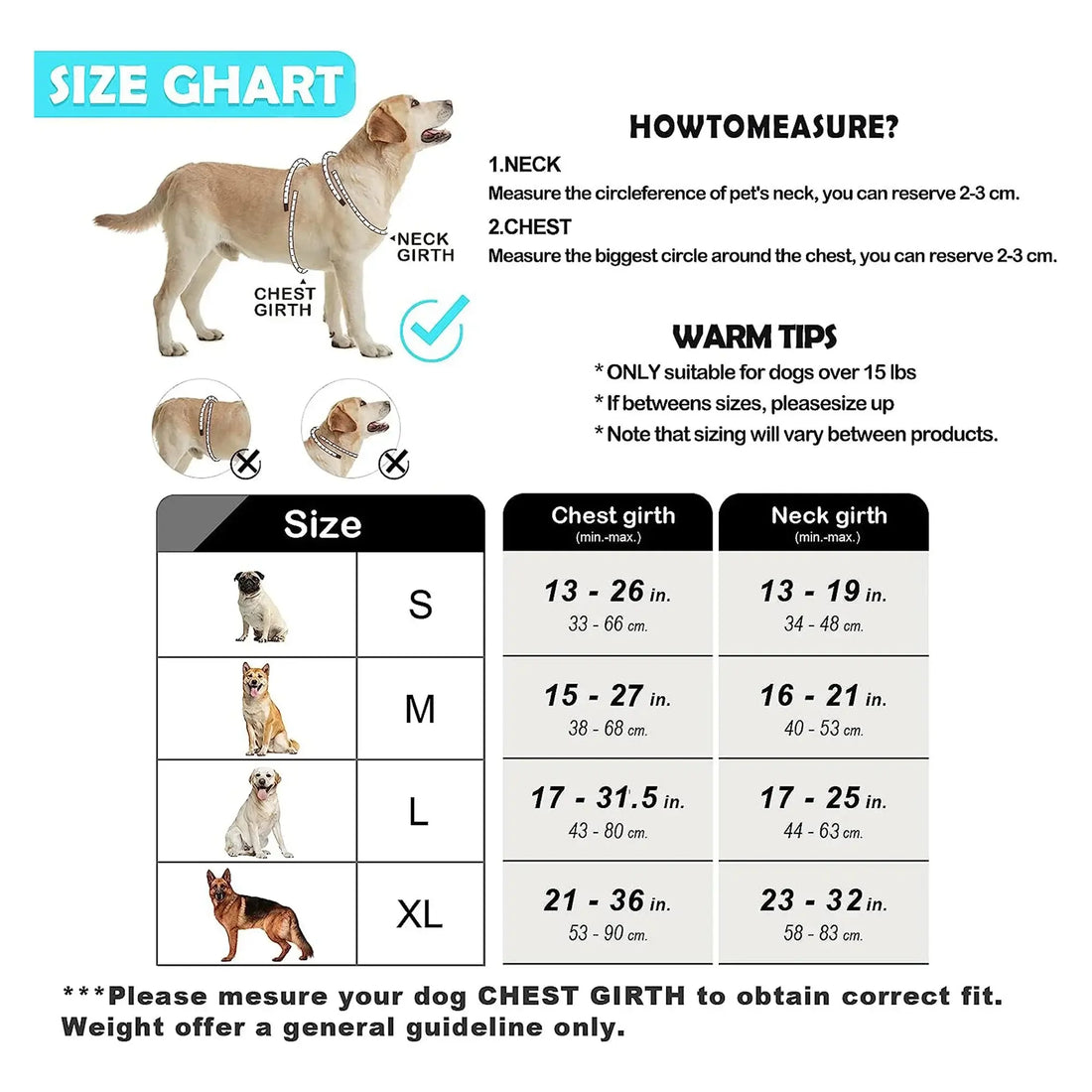 Size chart for No Pull Dog Harness, Adjustable Soft Padded Pet Vest with Easy Control Handle.
