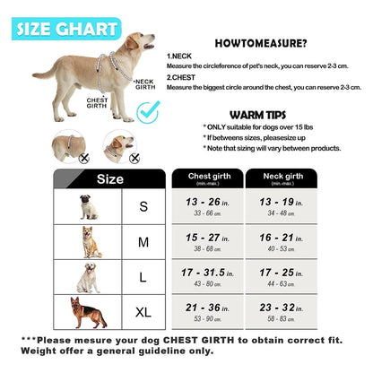 Size chart for No Pull Dog Harness, Adjustable Soft Padded Pet Vest with Easy Control Handle.