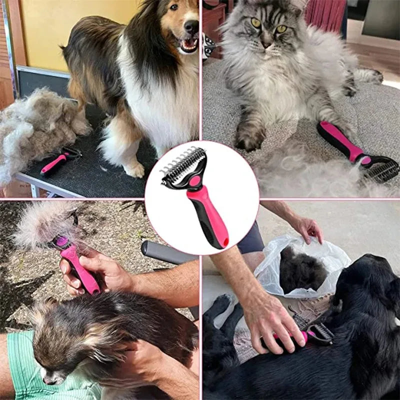 pet deshedding brush for dogs and cats, dual-sided grooming tool for dematting, shedding, and fur knot removal