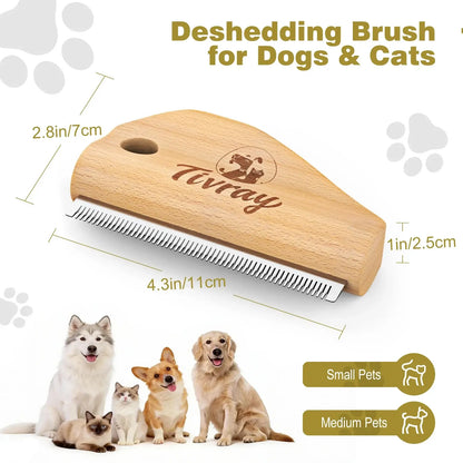 Wood deshedding brush for dogs for cats and pets, 4.3in stainless steel pet hair remover