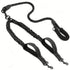 Black double dog leash with padded handle and reflective stitching, designed for walking two dogs.