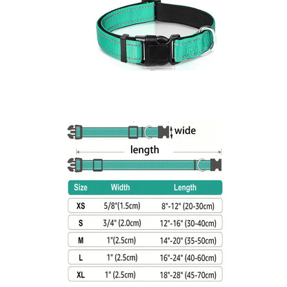 Dog Collar Nylon Soft Padded Adjustable Breathable Durable Comfortable Reflective Pet Collar for Small Medium Large Dog Bone Tag size chart