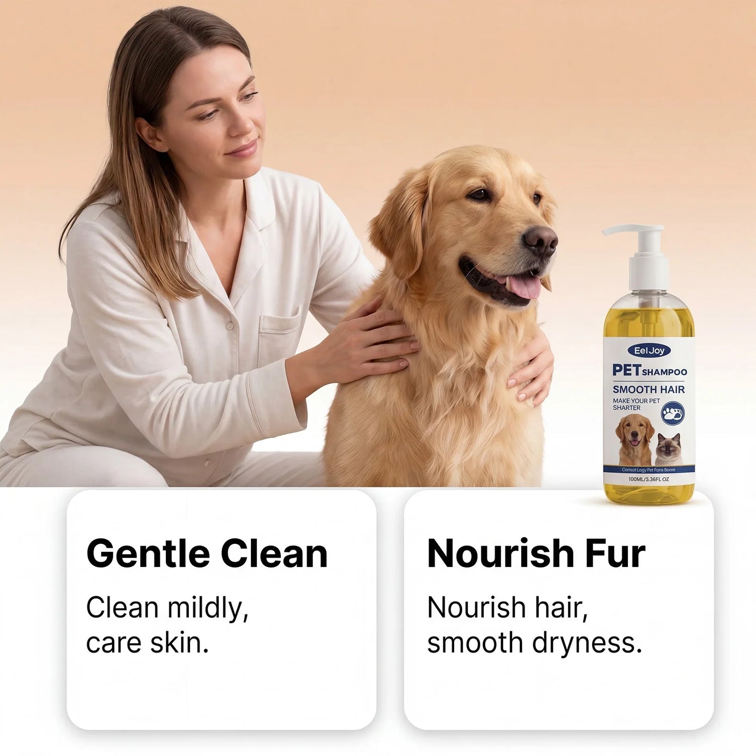 woman grooming dog with moisturizing pet shampoo for sensitive skin, gentle clean and nourish fur