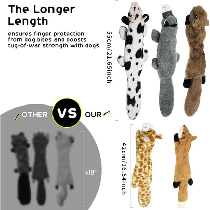 5pcs no stuffing squeaky dog toys in fox, giraffe, squirrel, cow and donkey style, cloth crinkle plush for all dog sizes