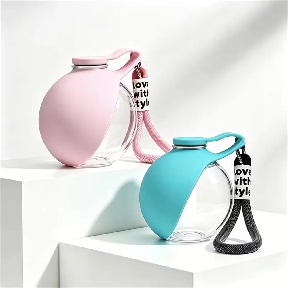 portable pet water bottle with foldable bowl, leak-proof travel dispenser for dogs, pink and blue