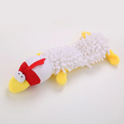 White squeaky plush dog chew toy with red frog-hippo design, mop fur, soft fleece, yellow feet for puppy training