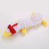 White squeaky plush dog chew toy with red frog-hippo design, mop fur, soft fleece, yellow feet for puppy training