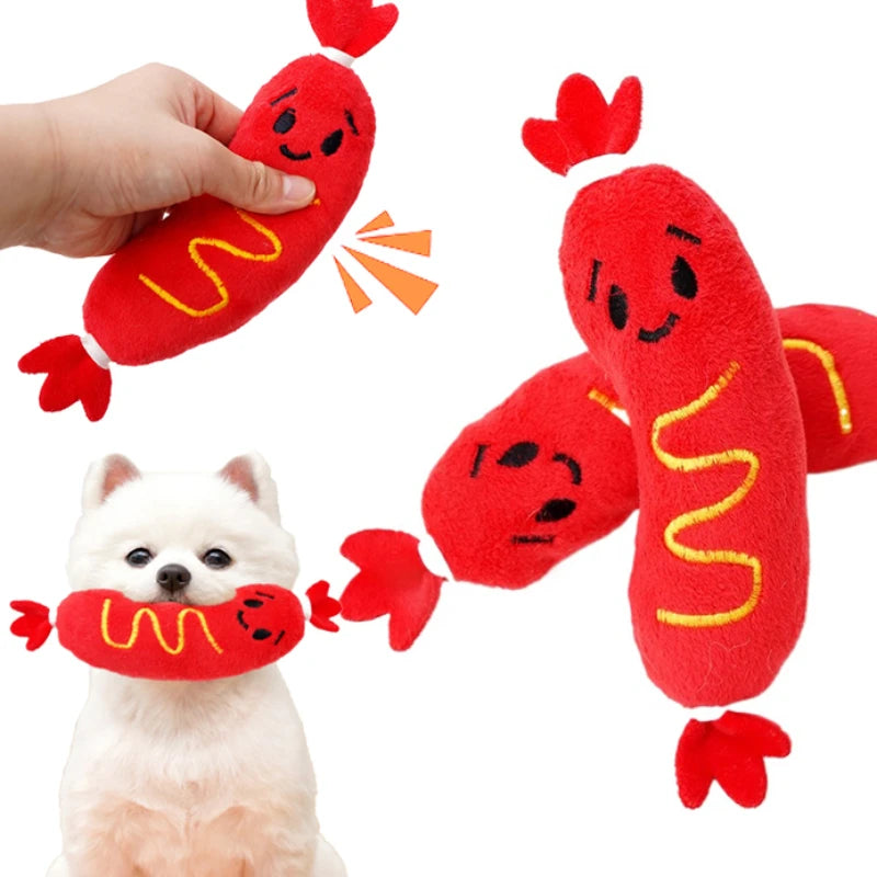 squeaky plush dog chew toy red hot dog plush chew toy for puppies, bite-resistant interactive dog toy