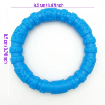 Blue circular dog chew toy with paw imprint pattern, 9.5cm diameter, on white background