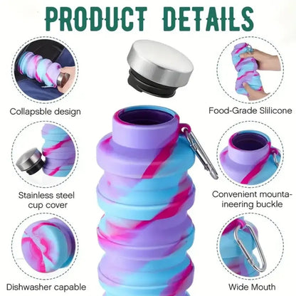 collapsible water bottle with carabiner, leak-proof silicone travel bottle, 500ml foldable cup for gym and hiking