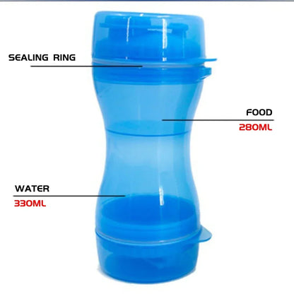 Blue portable dog food and water container with labeled compartments, 330ml water, 280ml food.