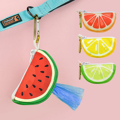 Cute watermelon dog poop bag holder dispenser clips to leash, colorful fruit-shaped pet waste bag pouch