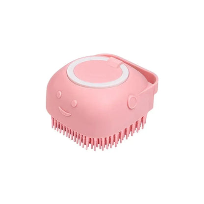 Pink dog bathing brush with shampoo dispenser rubber bristle pet massage grooming tool for dogs and cats