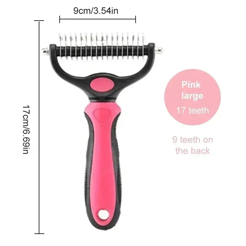 Pink self cleaning pet deshedding brush with stainless steel comb for cats and dogs, 17 teeth grooming tool