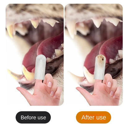 Dog teeth cleaning wipes before and after use, showing dental wipe on finger removing plaque.