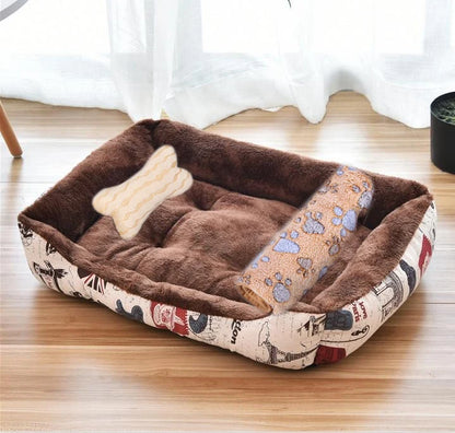 Large dog bed house in brown plush square nest with bone pillow, cotton washable kennel for small to large dogs and cats