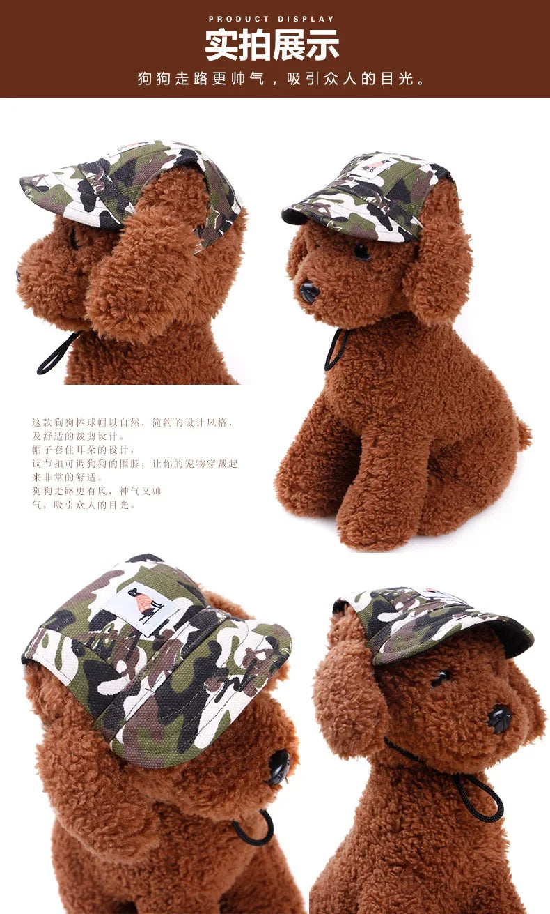 Brown plush dog mannequin modeling a camouflage dog hat with ear holes and chin strap.