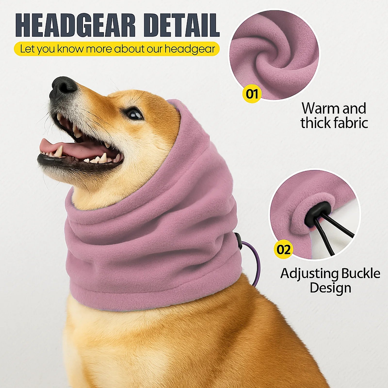Shiba Inu dog wearing a pink fleece dog headgear with adjustable buckle for warmth