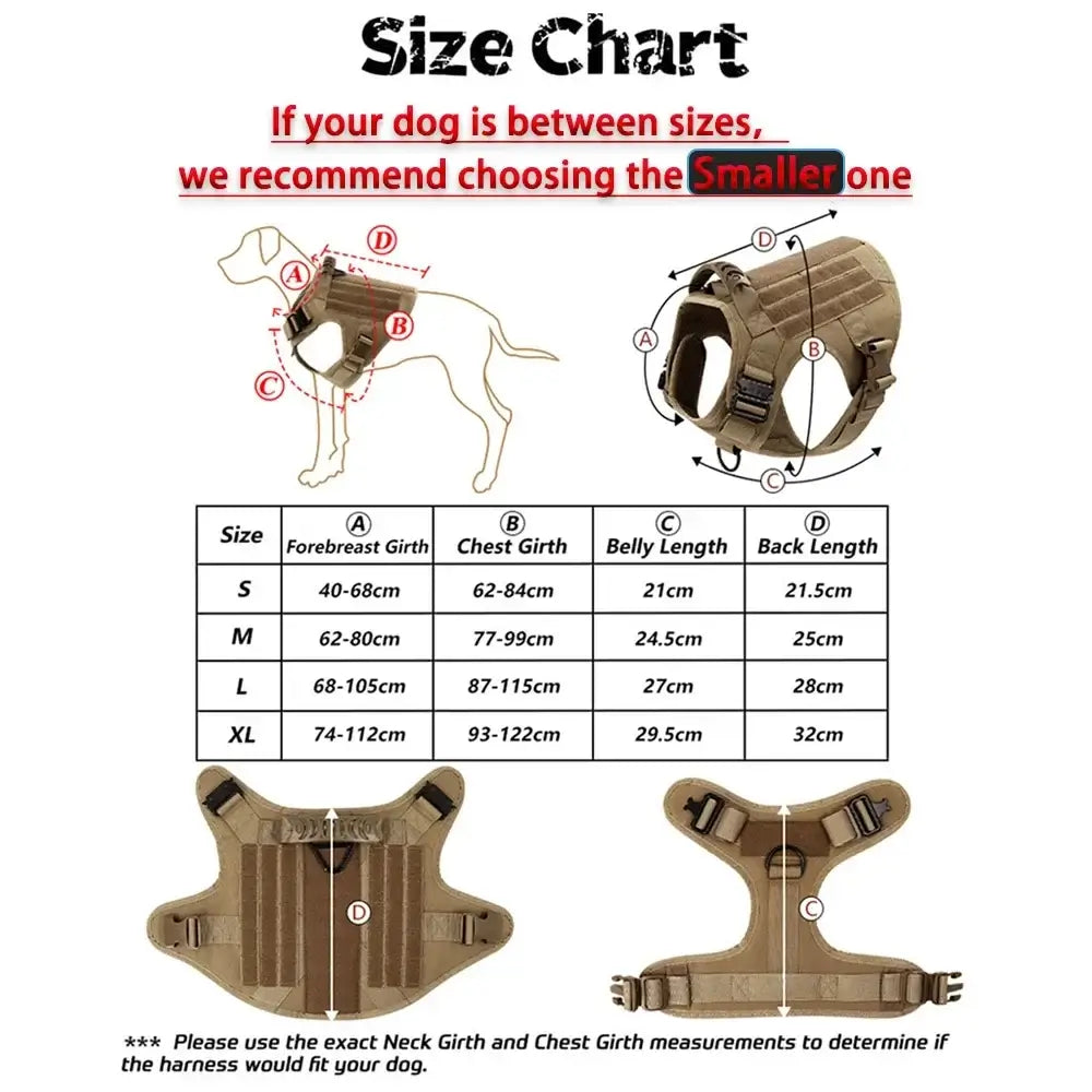 tactical dog harness size chart for medium and large dogs with adjustable chest and neck measurements
