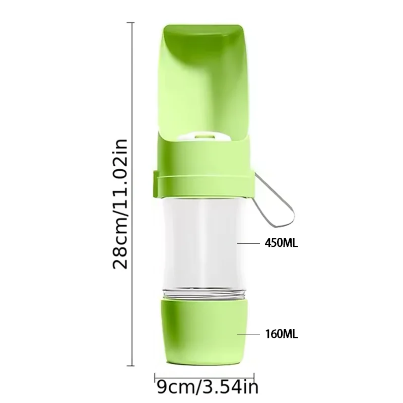 portable pet water bottle with food container foldable 500ml travel bowl for dogs and cats, green, 28cm tall