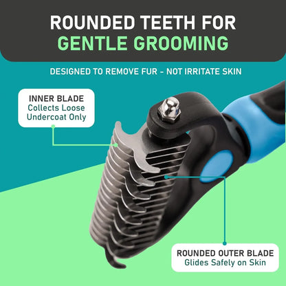 pet deshedding brush with rounded teeth for gentle grooming, removing fur and undercoat without irritating skin