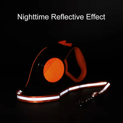 reflective retractable dog leash with nighttime reflective effect for safe walking, orange and black automatic pet lead