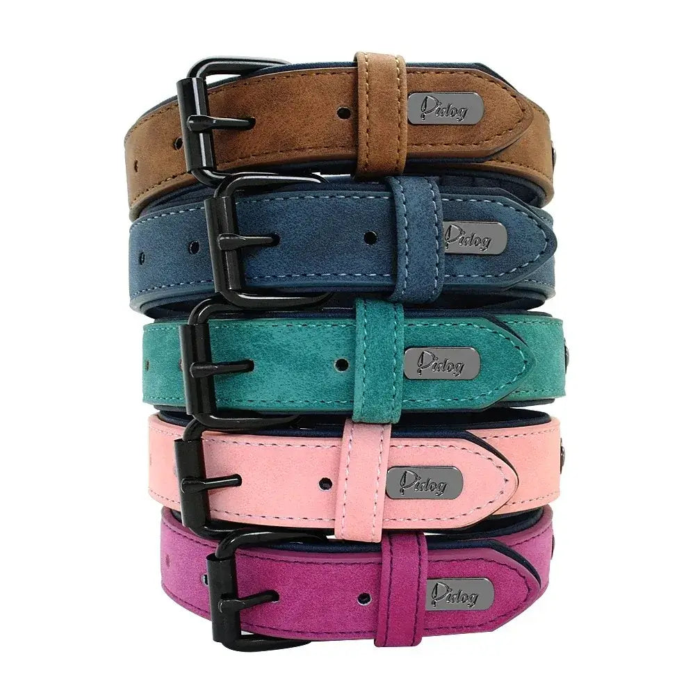 personalized leather dog collar with custom name tag for small medium large dogs, durable adjustable pet collar
