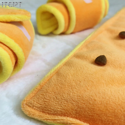 squeaky treat dispensing dog toy plush croissant with kibble pockets for small to medium dogs