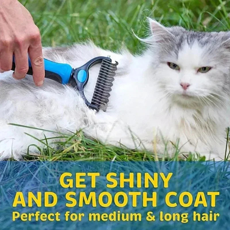 self cleaning pet deshedding brush grooming a long-haired cat for smooth shiny coat and reduced shedding