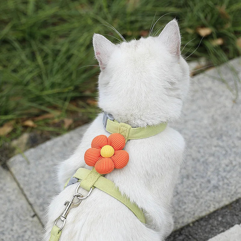 adjustable small dog harness and leash set green breathable H-shape cat harness with cute flower for puppy traction