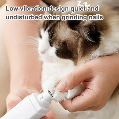 Quiet rechargeable dog nail grinder for cats, low-vibration cordless trimming with dust protection for nervous pets