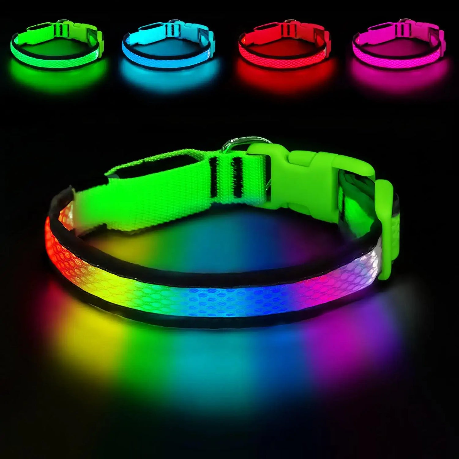USB rechargeable LED dog collar green adjustable soft nylon RGB 7 colors glowing night safety collar for small medium dogs