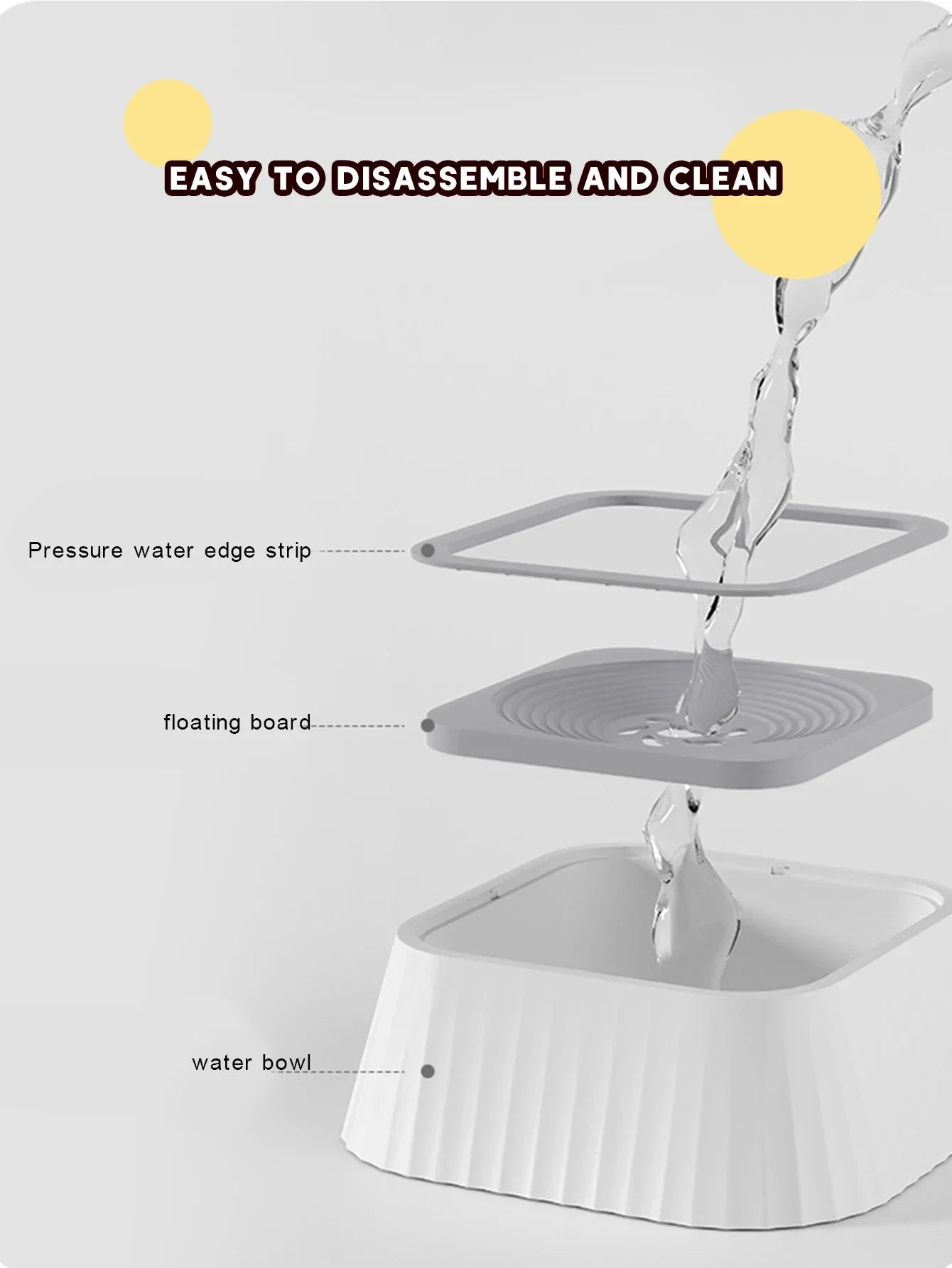 Exploded view of a dog water bowl showing easy-to-clean floating board and edge strip.