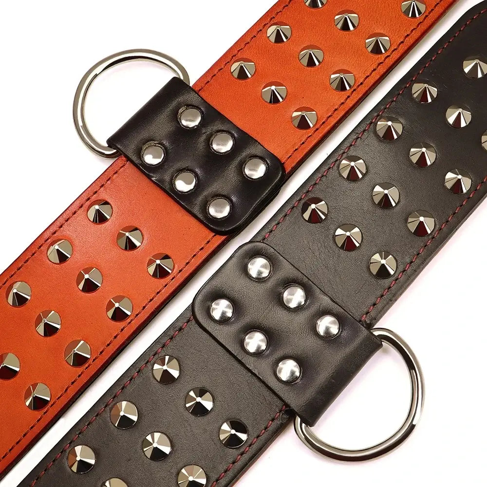 Spiked wide leather dog collar for large dogs, studded padded design in brown and black