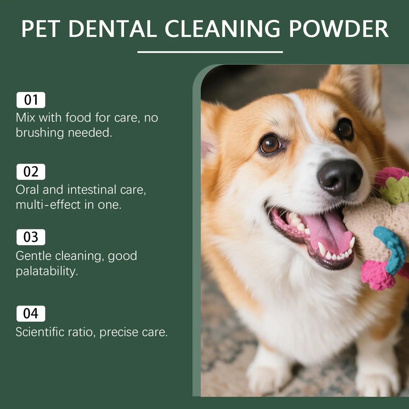 dog teeth cleaning powder for pets, mix with food to reduce plaque, freshen breath, and support oral care