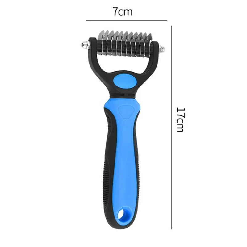 pet deshedding brush with dual-sided stainless steel blades, blue and black grooming comb for dogs and cats, 17cm