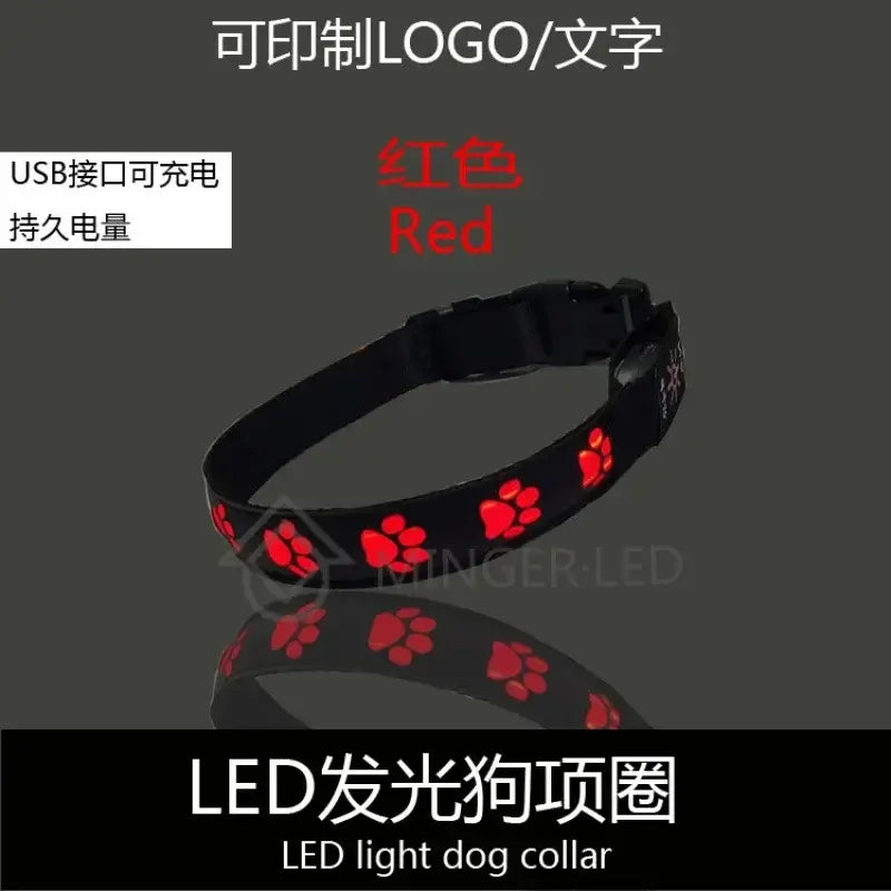 Red luminous safety dog collar with LED paw print design, nylon breakaway reflective pet collar for all stages