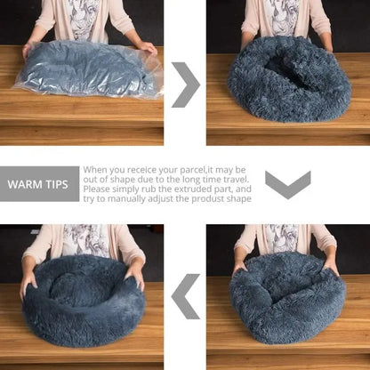 washable plush donut cat bed for cats, soft round calming pet bed, warm winter sleeping nest, shape-adjustable and cozy