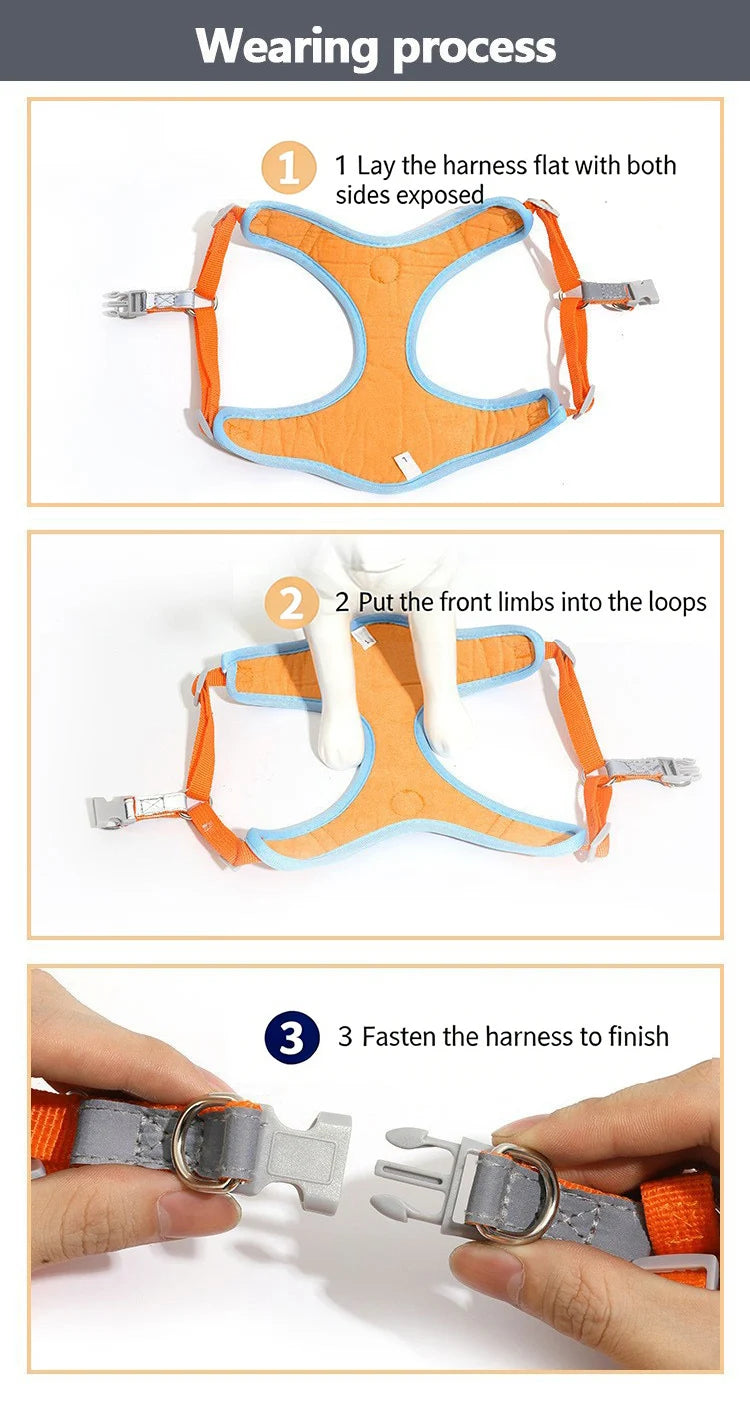 Adjustable reflective dog vest harness with cat and dog design, step-by-step wearing process for small to medium pets.