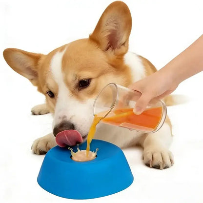Dog using slow feeder dog lick bowl for bone broth and yogurt, anti-slip interactive lick bowl for dogs