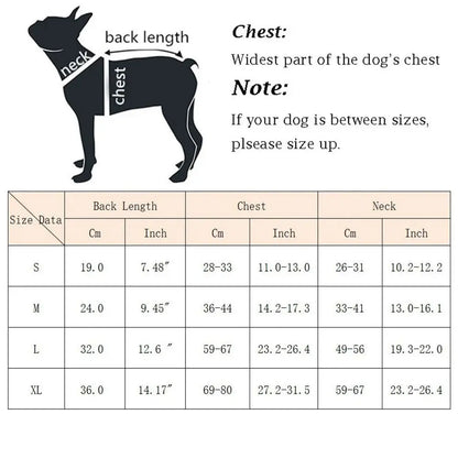 Reflective dog life jacket size chart with chest, neck, and back length measurements for adjustable pet safety vest fit