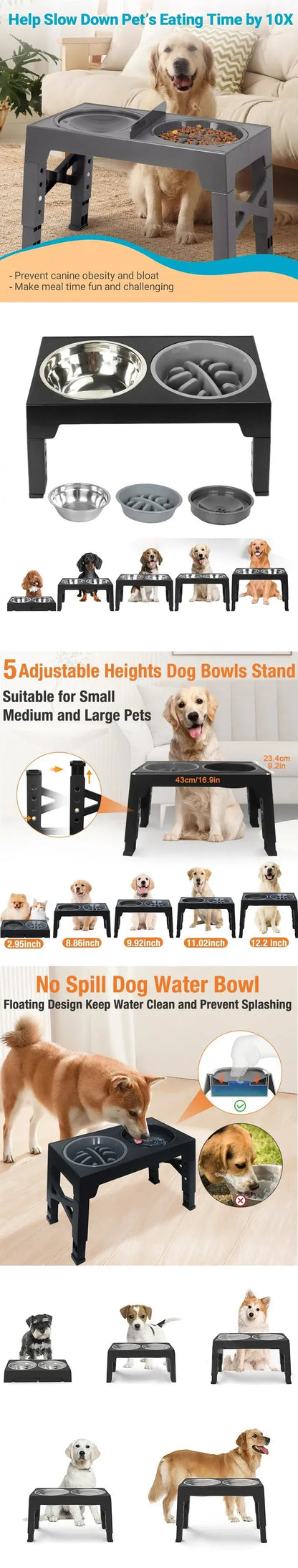 adjustable elevated dog feeder with raised stand, slow food bowl, and water feeders for large and medium dogs