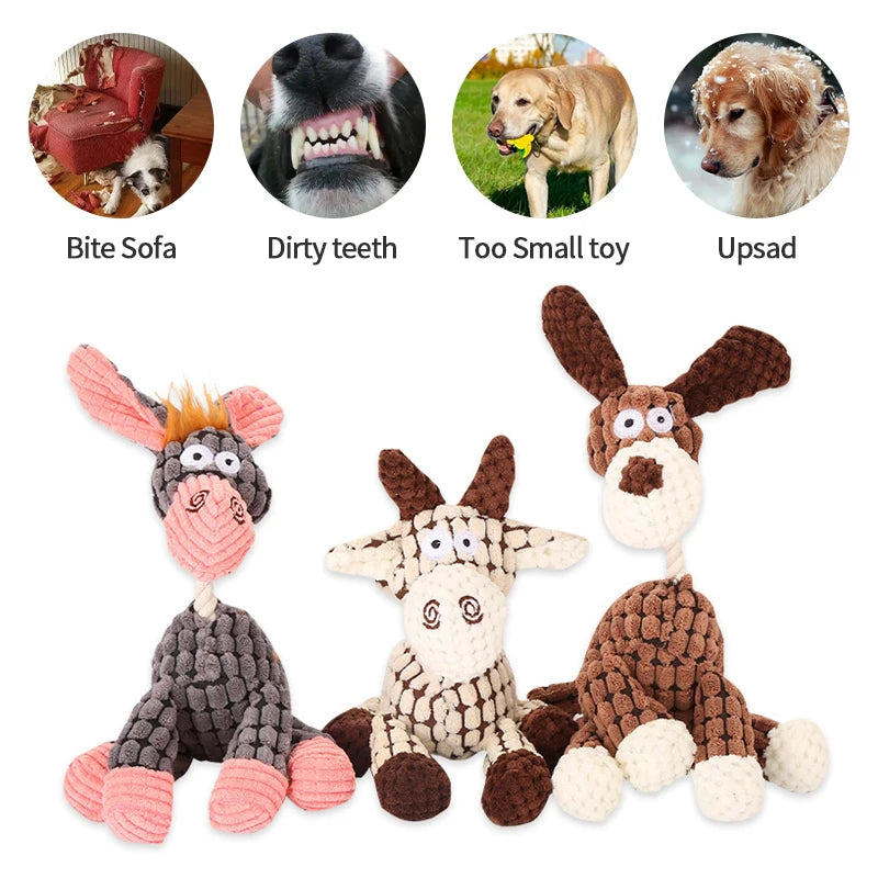 Plush animal dog toys in donkey, cow, and dog shapes, ideal for chewing and playtime.